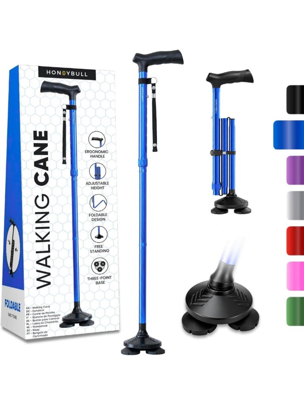 Foldable Free Standing Walking Cane for Men & Women - Adjustable, Lightweight